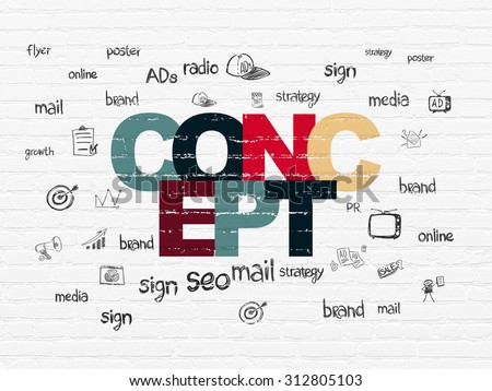 Marketing concept: Painted multicolor text Concept on White Brick wall background with  Hand Drawn Marketing Icons