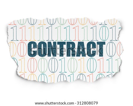 Finance concept: Painted blue text Contract on Torn Paper background with  Binary Code