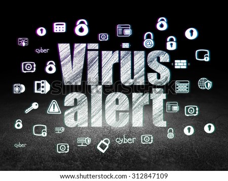 Safety concept: Glowing text Virus Alert,  Hand Drawn Security Icons in grunge dark room with Dirty Floor, black background