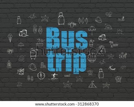 Tourism concept: Painted blue text Bus Trip on Black Brick wall background with  Hand Drawn Vacation Icons