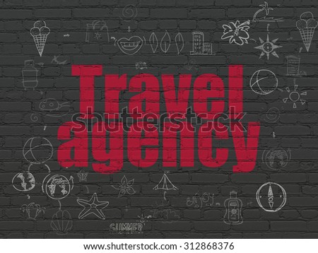 Vacation concept: Painted red text Travel Agency on Black Brick wall background with Scheme Of Hand Drawn Vacation Icons