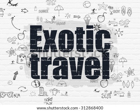 Tourism concept: Painted black text Exotic Travel on White Brick wall background with Scheme Of Hand Drawn Vacation Icons