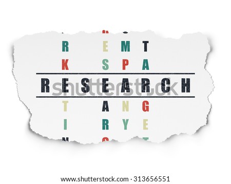 Advertising concept: Painted black word Research in solving Crossword Puzzle on Torn Paper background