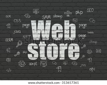 Web development concept: Painted white text Web Store on Black Brick wall background with  Hand Drawn Site Development Icons