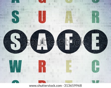 Protection concept: Painted black word Safe in solving Crossword Puzzle on Digital Paper background