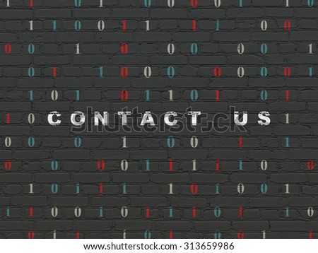 Finance concept: Painted white text Contact us on Black Brick wall background with Binary Code