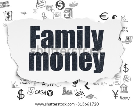 Money concept: Painted black text Family Money on Torn Paper background with Scheme Of Hand Drawn Finance Icons