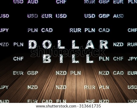 Money concept: Glowing text Dollar Bill in grunge dark room with Wooden Floor, black background with Currency