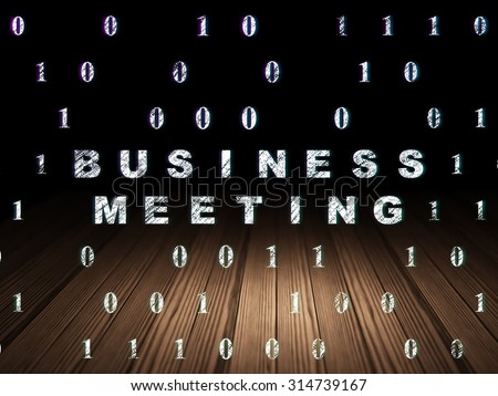 Business concept: Glowing text Business Meeting in grunge dark room with Wooden Floor, black background with Binary Code