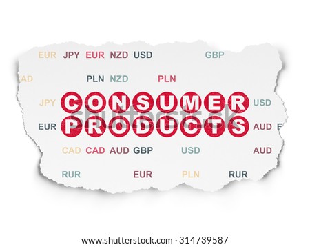 Business concept: Painted red text Consumer Products on Torn Paper background with  Currency
