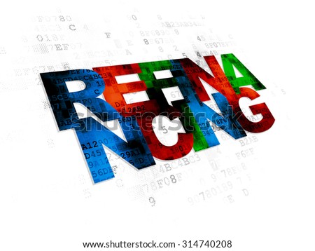 Finance concept: Pixelated multicolor text Refinancing on Digital background