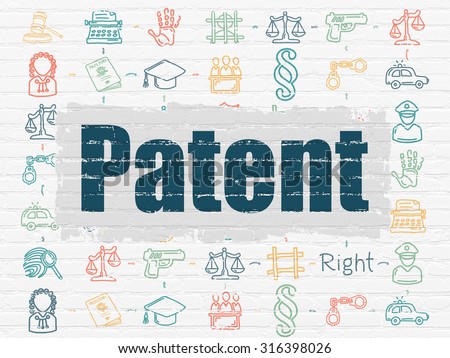 Law concept: Painted blue text Patent on White Brick wall background with Scheme Of Hand Drawn Law Icons