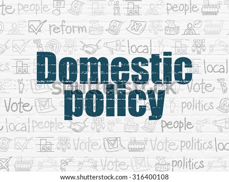 Political concept: Painted blue text Domestic Policy on White Brick wall background with  Hand Drawn Politics Icons