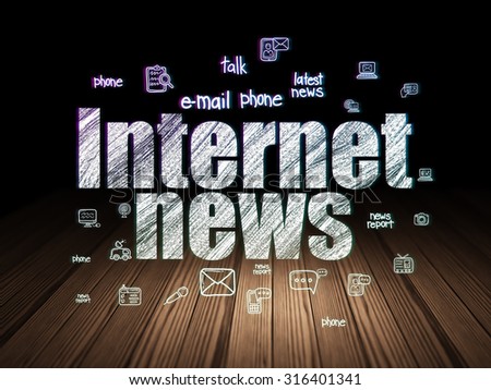 News concept: Glowing text Internet News,  Hand Drawn News Icons in grunge dark room with Wooden Floor, black background