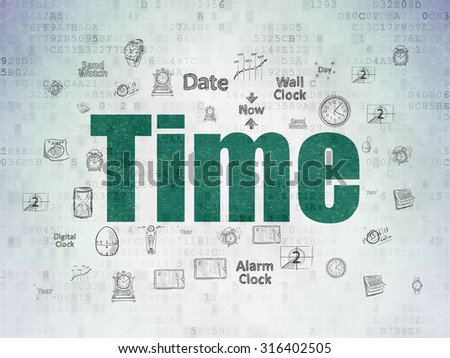 Timeline concept: Painted green text Time on Digital Paper background with  Hand Drawing Time Icons