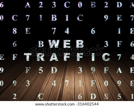Web design concept: Glowing text Web Traffic in grunge dark room with Wooden Floor, black background with Hexadecimal Code
