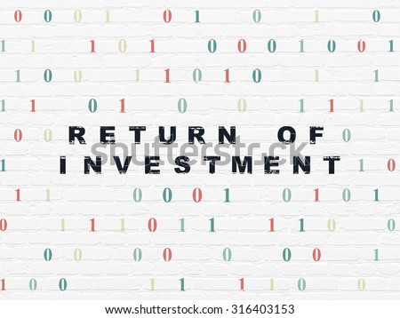 Business concept: Painted black text Return of Investment on White Brick wall background with Binary Code