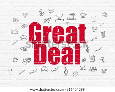Finance concept: Painted red text Great Deal on White Brick wall background with  Hand Drawn Business Icons