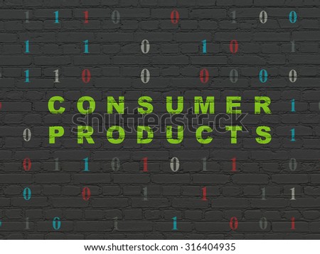 Business concept: Painted green text Consumer Products on Black Brick wall background with Binary Code
