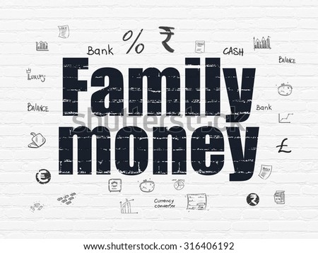 Money concept: Painted black text Family Money on White Brick wall background with  Hand Drawn Finance Icons