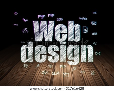 Web design concept: Glowing text Web Design,  Hand Drawn Site Development Icons in grunge dark room with Wooden Floor, black background