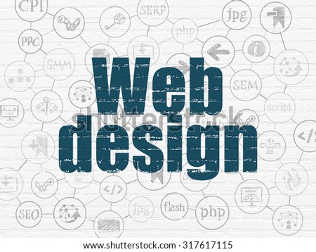 Web development concept: Painted blue text Web Design on White Brick wall background with Scheme Of Hand Drawn Site Development Icons