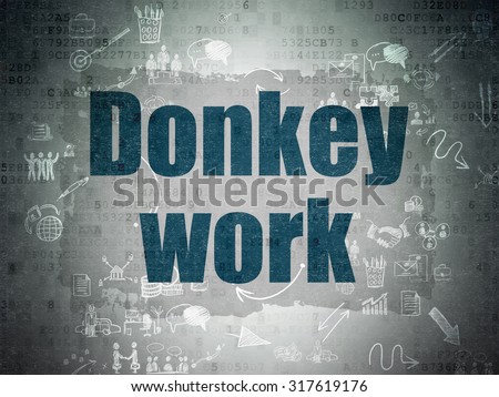 Finance concept: Painted blue text Donkey Work on Digital Paper background with Scheme Of Hand Drawn Business Icons