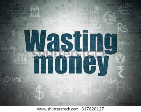Money concept: Painted blue text Wasting Money on Digital Paper background with  Scheme Of Hand Drawn Finance Icons
