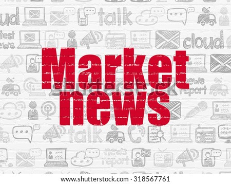 News concept: Painted red text Market News on White Brick wall background with  Hand Drawn News Icons