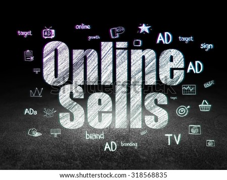 Marketing concept: Glowing text Online Sells,  Hand Drawn Marketing Icons in grunge dark room with Dirty Floor, black background