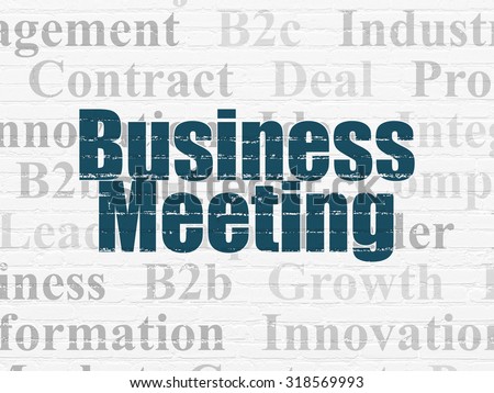 Business concept: Painted blue text Business Meeting on White Brick wall background with  Tag Cloud