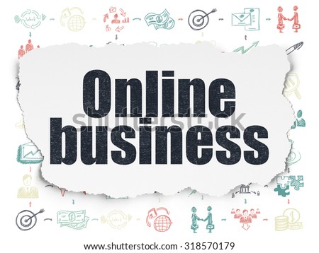Business concept: Painted black text Online Business on Torn Paper background with Scheme Of Hand Drawn Business Icons