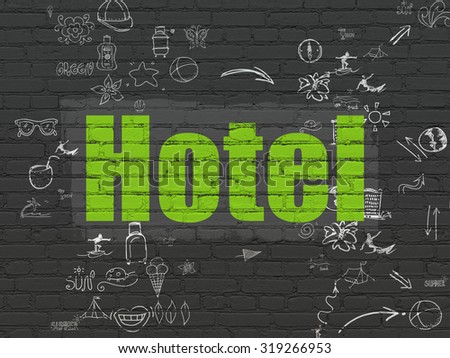 Vacation concept: Painted green text Hotel on Black Brick wall background with Scheme Of Hand Drawn Vacation Icons
