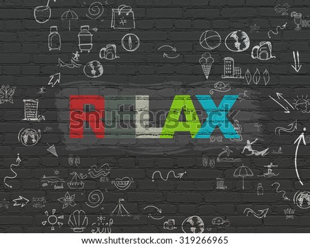 Tourism concept: Painted multicolor text Relax on Black Brick wall background with Scheme Of Hand Drawn Vacation Icons