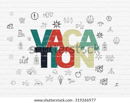 Vacation concept: Painted multicolor text Vacation on White Brick wall background with  Hand Drawn Vacation Icons