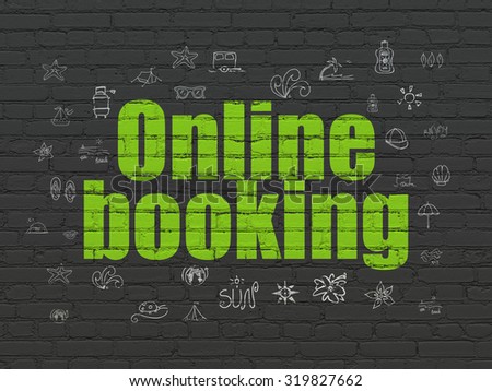 Vacation concept: Painted green text Online Booking on Black Brick wall background with  Hand Drawn Vacation Icons