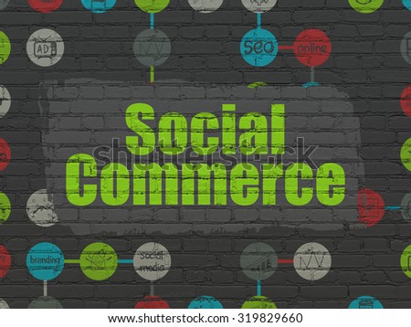 Advertising concept: Painted green text Social Commerce on Black Brick wall background with Scheme Of Hand Drawn Marketing Icons