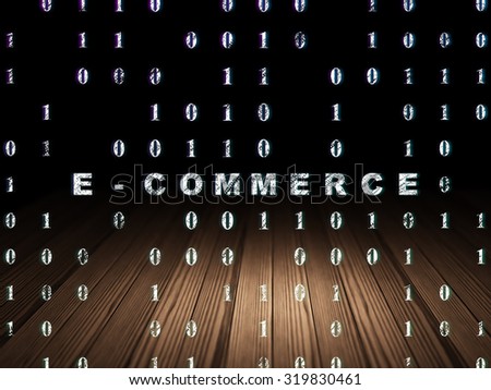 Business concept: Glowing text E-commerce in grunge dark room with Wooden Floor, black background with Binary Code