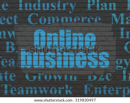 Finance concept: Painted blue text Online Business on Black Brick wall background with  Tag Cloud