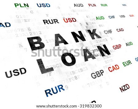 Currency concept: Pixelated black text Bank Loan on Digital wall background with Currency