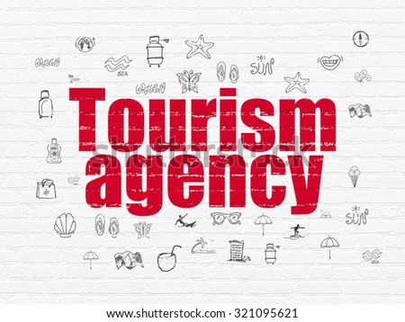 Travel concept: Painted red text Tourism Agency on White Brick wall background with  Hand Drawn Vacation Icons