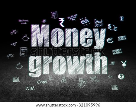 Money concept: Glowing text Money Growth,  Hand Drawn Finance Icons in grunge dark room with Dirty Floor, black background