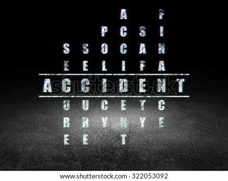Insurance concept: Glowing word Accident in solving Crossword Puzzle in grunge dark room with Dirty Floor, black background
