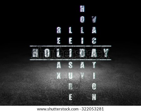 Travel concept: Glowing word Holiday in solving Crossword Puzzle in grunge dark room with Dirty Floor, black background