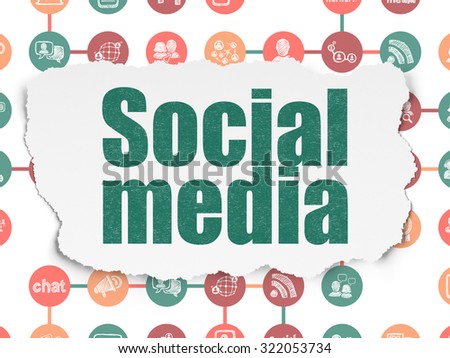Social media concept: Painted green text Social Media on Torn Paper background with Scheme Of Hand Drawn Social Network Icons