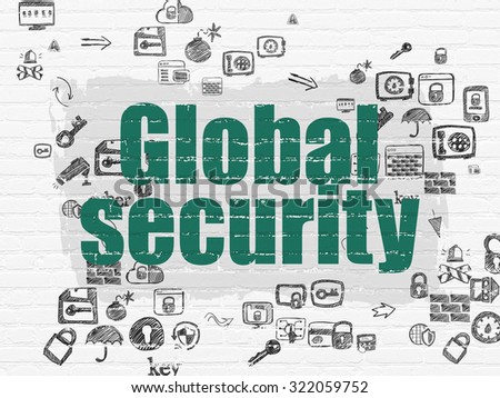 Safety concept: Painted green text Global Security on White Brick wall background with Scheme Of Hand Drawn Security Icons