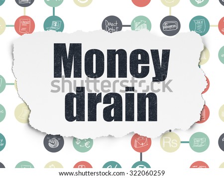 Money concept: Painted black text Money Drain on Torn Paper background with Scheme Of Hand Drawn Finance Icons