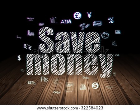 Banking concept: Glowing text Save Money,  Hand Drawn Finance Icons in grunge dark room with Wooden Floor, black background