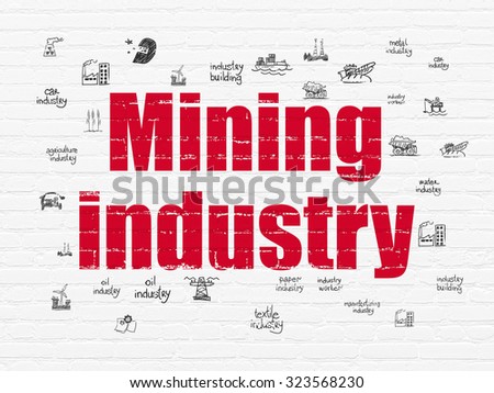 Industry concept: Painted red text Mining Industry on White Brick wall background with  Hand Drawn Industry Icons