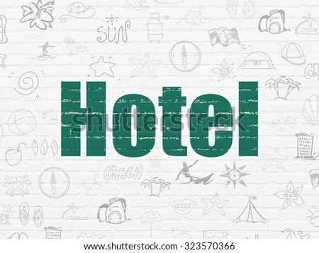 Vacation concept: Painted green text Hotel on White Brick wall background with  Hand Drawn Vacation Icons